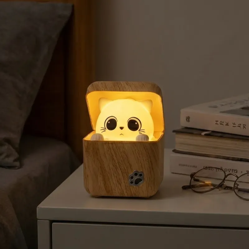 Cute Peekaboo Cat Wooden Night Light Lamp - Image 0