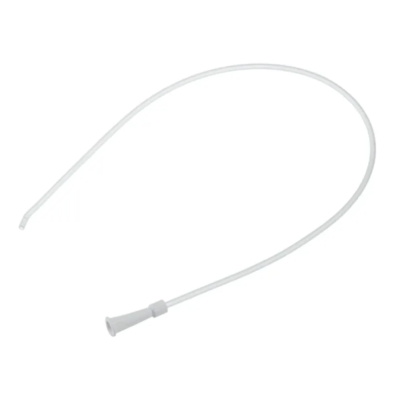 Das Bild zeigt einen B. Braun Absaugkatheter Typ „Standard“, Ch. 18, 52 cm, aus medizinischem PVC für den Harngebrauch, mit einem flexiblen Schlauch mit verjüngtem Ende und Anschlussstück, gewickelt, um seine Länge und Flexibilität hervorzuheben.