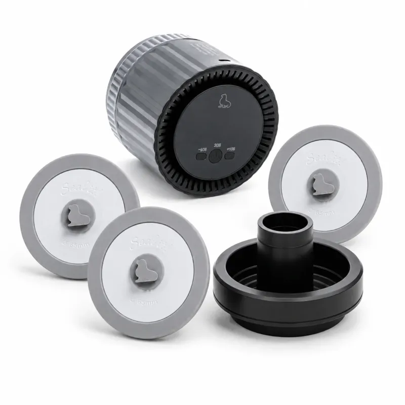 EcoSeal Pro Vakuumierer mit schwarzem AnySeal Adapter und drei grauen AnySeal Deckeln mit 85 mm Durchmesser auf weißem Hintergrund