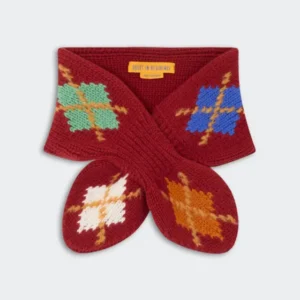 Argyle Bowtie Scarf - Carmine Combo featuring a rich red knit with multicolored argyle patterns in blue, green, white, and orange, designed for stylish warmth.