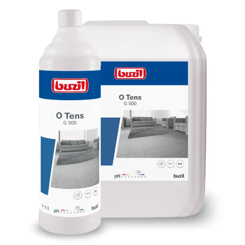 Ausgestellt sind zwei Behälter des Buzil O Tens G 500, einem Universalreiniger auf Citratbasis der BUZIL-WERK Wagner GmbH & Co. KG. Der größere Behälter ist ein Kanister, während der kleinere eine Flasche ist. Beide sind mit einem pH-Symbol und Bildern sauberer Böden versehen, was ihre Formel für Oberflächen unterstreicht, die gegen Wiederverschmutzung resistent sind.