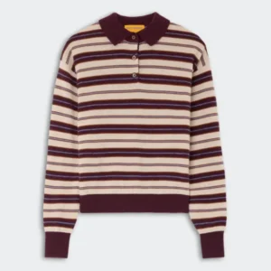 Long-sleeve striped polo shirt with maroon collar and cuffs in a fig and beige color combination, styled in Collegiate Stripe Polo - Fig Combo design.