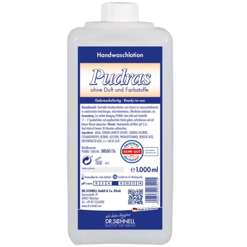 Eine 1.000 ml Plastikflasche Dr. Schnell PUDRAS ohne Duft und Farbstoffe Handwaschmittel von DR.SCHNELL GmbH & Co. KGaA, mit blau-weißem Etikett, Produktinformation, Gebrauchsanweisung, Zertifizierungen und hypoallergener Formel für empfindliche Haut.