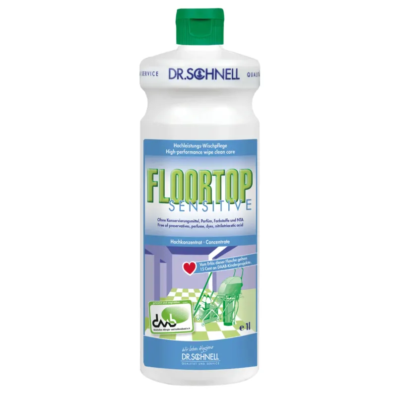 Eine weiße Kunststoffflasche von Dr. Schnell Floortop Sensitive, Hochleistungs-Bodenreiniger, duftfrei der DR.SCHNELL GmbH & Co. KGaA mit grünem Verschluss und blau-grün-weißem Etikett mit Reinigungsgrafik und Wischpflege-Information.
