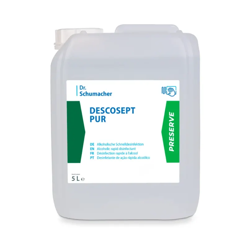 Ein 5L durchsichtiger Kunststoffbehälter von Dr. Schumacher DESCOSEPT PUR, Schnelldesinfektion von Dr. Schumacher GmbH, mit mehrsprachiger Anleitung und einem grünen "PRESERVE" Streifen auf der rechten Seite. Perfekt für die Schnelldesinfektion von medizinischen Geräten.