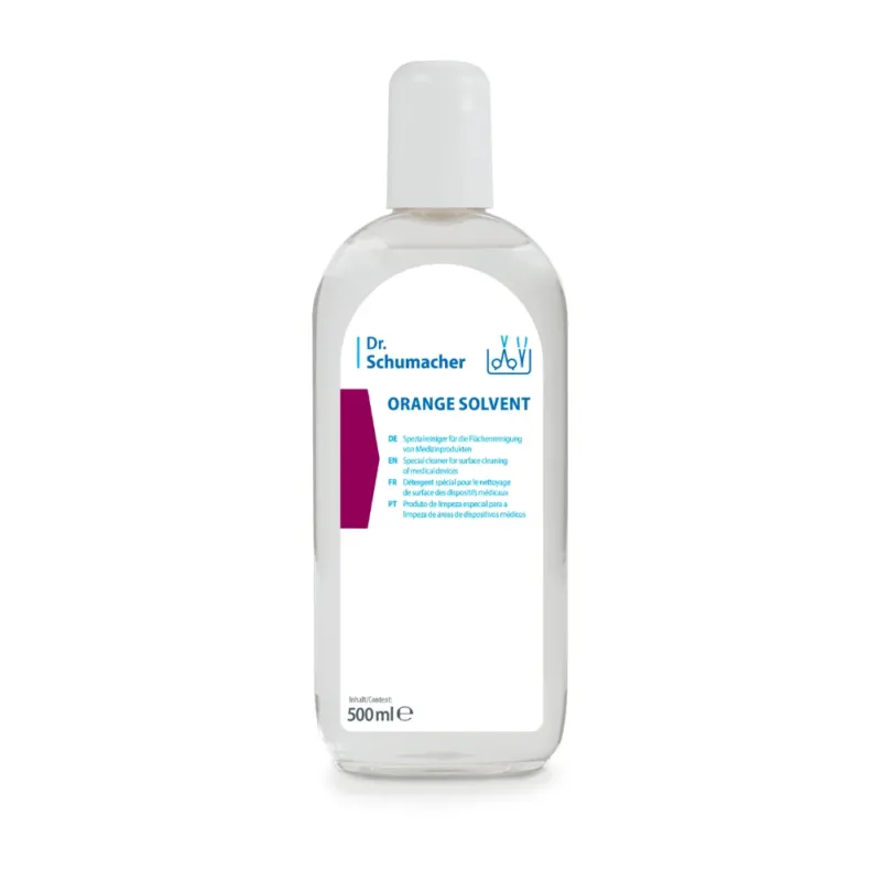 Eine transparente 500-ml-Flasche Dr. Schumacher GmbH ORANGE SOLVENT Instrumentenreiniger mit weißer Kappe und blau-weißem Etikett, zur Klebstoffentfernung und Instrumentenreinigung, dargestellt vor weißem Hintergrund.
