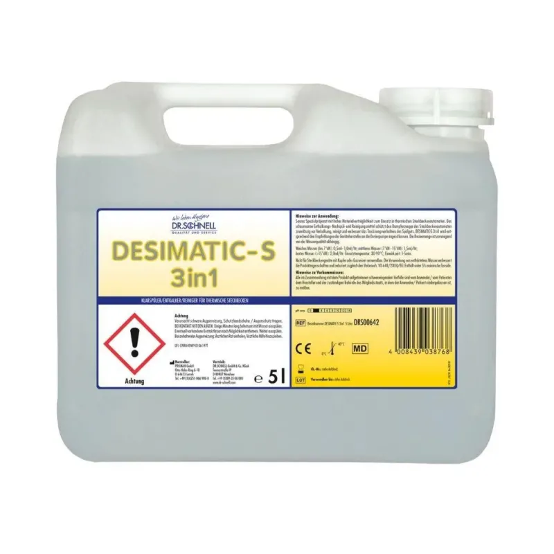 Ein 5-Liter-Kunststoffkanister Dr. Schnell DESIMATIC-S 3in1 Klarspüler, Reiniger, Entkalker für Automaten der DR.SCHNELL GmbH & Co. KGaA, mit Griff, Schraubverschluss, Gefahrensymbol und deutschem Produktinformationsetikett für den professionellen Einsatz.
