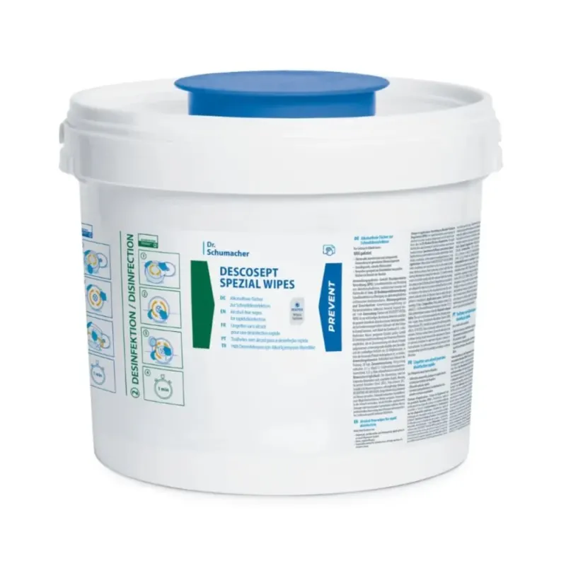 Ein weißer Kunststoffbehälter mit der Aufschrift „Dr. Schumacher DESCOSEPT SPEZIAL WIPES Desinfektionstücher“ mit blauem und grünem Text und Grafiken, kategorisiert unter medizinische Produkte, bietet an der Seite Anweisungen und Sicherheitsinformationen. Der Deckel ist weiß mit einer blauen Oberseite, ideal zur Aufbewahrung dieser Tücher von Dr. Schumacher GmbH.