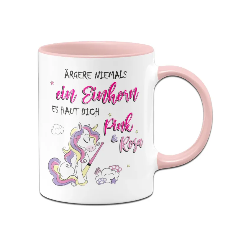 Bild: Tasse - Ärgere niemals ein Einhorn. Es haut dich pink und rosa.