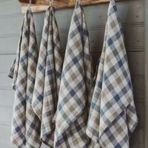 100% Pure Linen Kitchen Tea Towels Set of 4 In Blue Gray Gingham Checks Epic Linen
