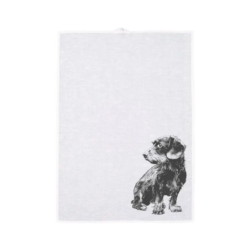 Ein weißes Geschirrtuch mit Schwarzem Dackel als Print von Frohstoffe