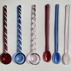 6er Set Marmeladenlöffel / Cocktaillöffel aus Glas, Länge ca. 14,8cm, Rot/ Blau/ Pink, Oval & Rund