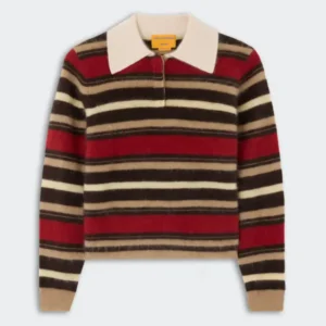 Long-sleeve pullover sweater with horizontal stripes in red, cream, brown, and beige, featuring a cream-colored collar and a front zipper detail.