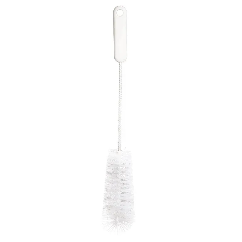 Die Haug Bürsten KG FLASCHENBÜRSTE 1/2 L verfügt über dichte Nylon 6.0-Borsten (ø 40/60 mm), einen Drahtstiel und einen langen 390-mm-Griff in Weiß - perfekt für die gründliche Reinigung von Flaschen. Sie ist vertikal auf einem schlichten weißen Hintergrund abgebildet.