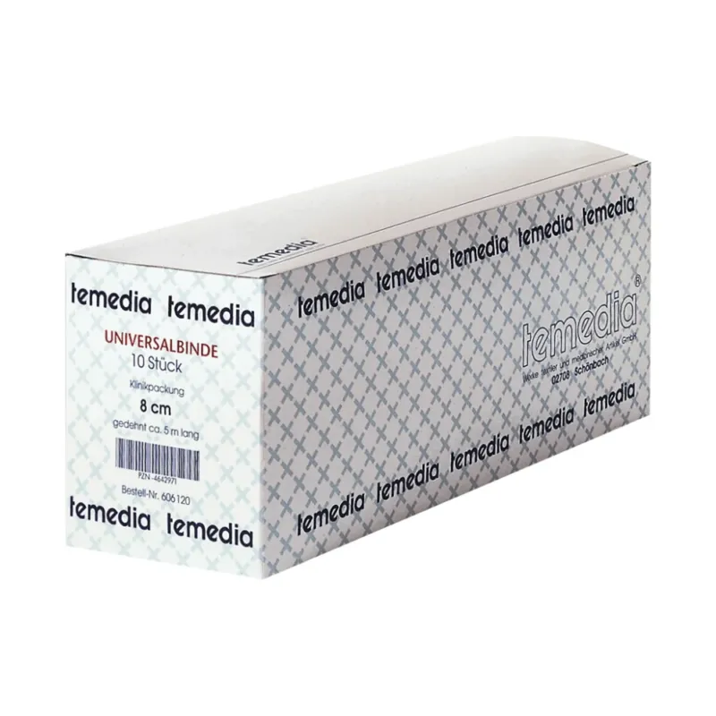 Eine rechteckige Schachtel Holthaus Temedia Universalbinde, Klinikpackung 8 cm x 5 m - 10 Binden von Holthaus Medical GmbH & Co. KG, enthält 10 Binden. Die Schachtel ist mit einem Muster versehen und trägt das Temedia-Logo. Mit einer Breite von 8 cm und einer Länge von ca. 5 m sind diese Kompressionsbinden ideal für eine effektive Wundversorgung.