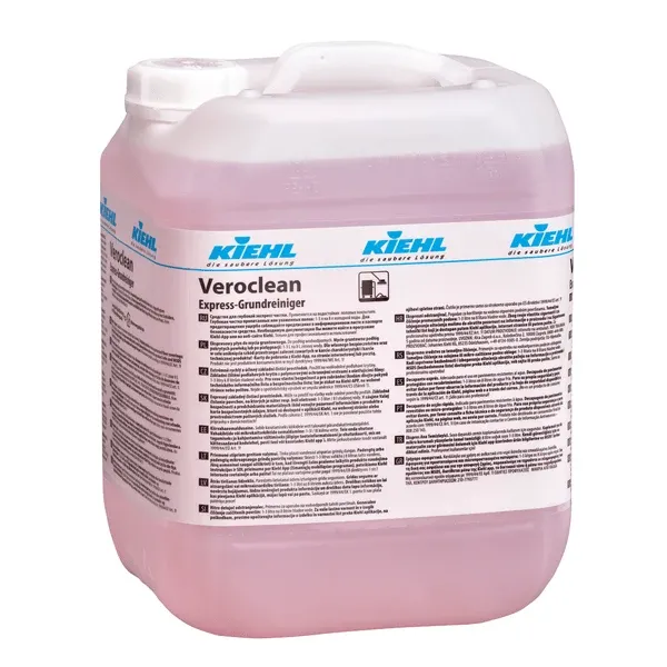 In einem großen, durchsichtigen Kunststoffbehälter mit weißem Deckel befindet sich der pinkfarbene Kiehl Veroclean Express-Grundreiniger der Johannes Kiehl KG, der als zuverlässiger Allflächen-Grundreiniger eine schnelle und effektive Reinigung ermöglicht.