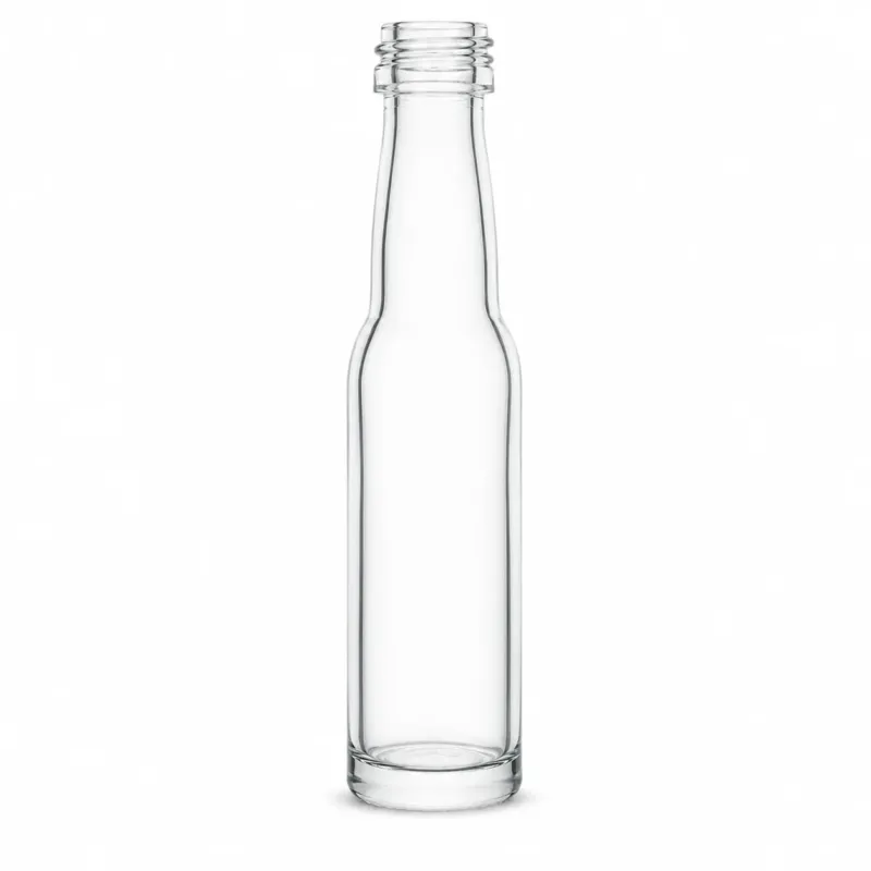 Freigestellte, klare Glasflasche mit schlankem Körper, langem Hals, Schraubmündung und massivem Glasboden auf weißem Hintergrund