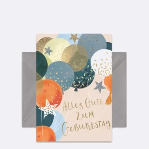 Doppelkarte mit bunten Luftballons und Sternen mit Schriftzug "Alles Gute zum Geburtstag"