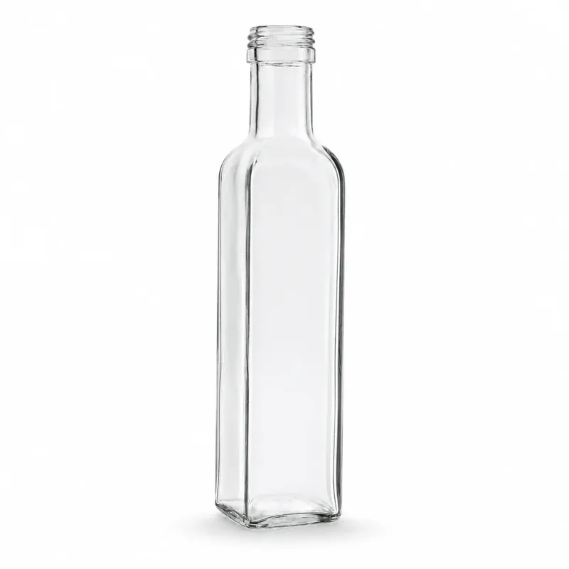 Klare Vierkantflasche aus Glas, leicht seitlich gedreht, mit Schraubmündung auf weißem Hintergrund.