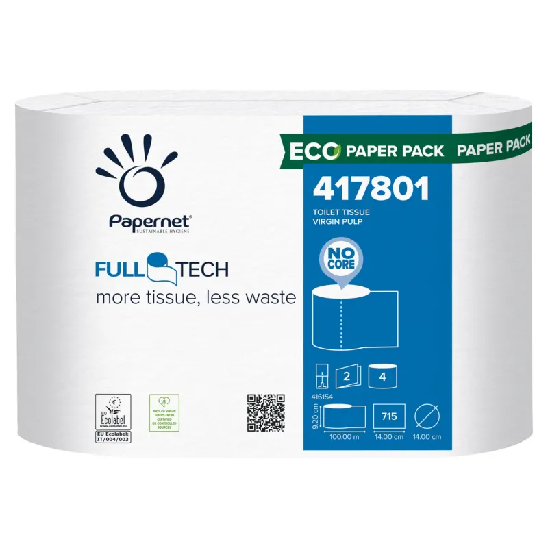 Eine Packung Papernet Toilettenpapier mit Full Tech Technologie, 417801 – 4 Rollen von Sofidel Germany GmbH besticht durch ihr zweilagiges Design, das mehr Papier bei weniger Abfall verspricht. Die Eco Paper Pack enthält innovatives antibakterielles Verpackungsmaterial sowie Produktspezifikationen und einen benutzerfreundlichen QR-Code.