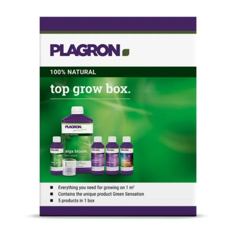 Die Plagron Top Grow Box 100% Natural von Bertels B.V. hat ein grün-violettes Design, beinhaltet fünf Flaschen inklusive „Alga Bloom“, setzt auf natürliche Inhaltsstoffe, unterstützt das Wachstum auf über 1 m² und bietet hervorragende biologische Düngemittel für eine komplette Nährstoffversorgung.
