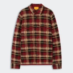 Red, black, and beige plaid button-up shirt jacket with long sleeves, a collar, and a front chest pocket laid flat on a gray background.