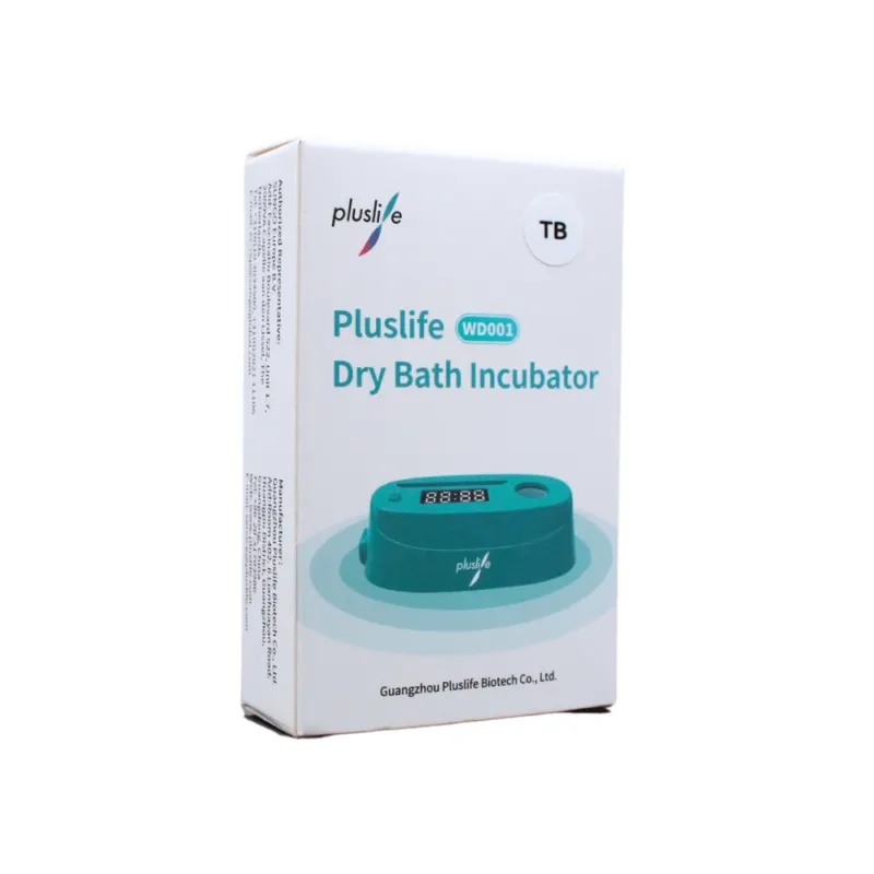 Das Bild zeigt die Verpackung einer Pluslife Dry Bath Incubator Packung (1 Stück), ideal für molekulare Diagnostik und PCR-Anwendungen. Die hauptsächlich weiße Schachtel zeigt eine Abbildung der eleganten digitalen Schnittstelle des Inkubators, hergestellt von Guangzhou Pluslife Biotech Co., Ltd.