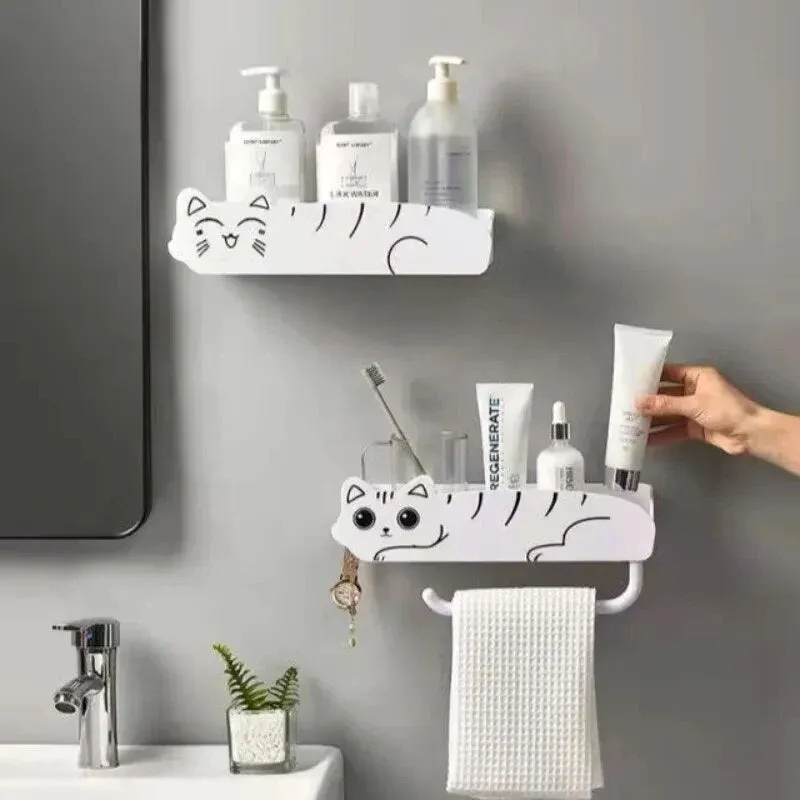 Wall-Mounted Lazy Kitten Bathroom Organizer Shelf - Image 0