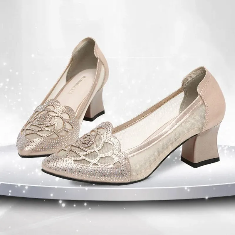 Golden Flower Breathable Mesh High Heels - Image 0