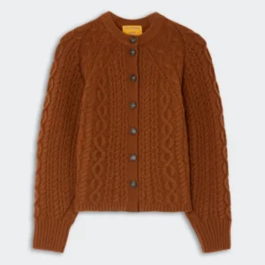 Cable Sculpted Cardigan - Burnt Sienna in a warm burnt sienna color with textured cable knit pattern and dark buttons down the front, made from soft cashmere fabric.