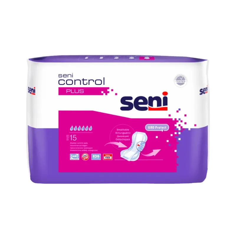 Eine Packung Seni Control Plus Inkontinenzeinlage von TZMO Deutschland GmbH enthält 15 Einlagen, verfügt über einen Auslaufschutz und wird in einer lila-weißen Verpackung mit Produktbranding und einer Einlagenabbildung auf der Vorderseite geliefert.