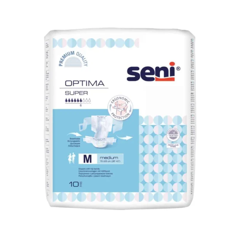 Eine Packung Seni Optima Super Inkontinenzvorlagen mit Hüftbund von TZMO Deutschland GmbH, Größe M, 10 Stück. Die weiße Packung ist mit blauen Akzenten versehen und zeigt Symbole für Saugstärke und ergonomischen Schutz.