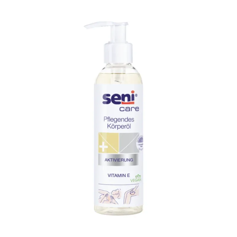 Eine 200-ml-Flasche Seni Care Pflegendes Körperöl von TZMO Deutschland GmbH mit Pumpspender und deutschem Etikett mit „+“-Symbol trägt die Aufschrift „Aktivierung“ und „Vitamin E“. Dieses vegan-freundliche Öl ist perfekt für empfindliche Haut und spendet mit seiner klaren, flüssigen Formel essentielle Feuchtigkeit.