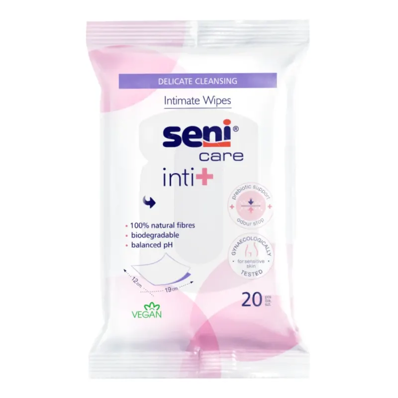 Die Seni Care Inti+ Feuchttücher der TZMO Deutschland GmbH sind in einer weiß-rosa Packung mit 20 Tüchern erhältlich. Sie reinigen sanft, bestehen zu 100 % aus Naturfasern, sind biologisch abbaubar und vegan. Die gynäkologisch getesteten Tücher haben einen ausgeglichenen pH-Wert.