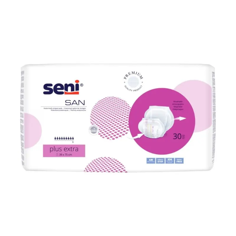 Das Bild zeigt eine Packung Seni San Plus Extra Inkontinenzvorlage (30 Stück) der TZMO Deutschland GmbH. Die weiße Verpackung mit rosa und violetten Kreisen trägt den Produktnamen, ein Pad-Bild und hebt Premium-Qualität und Sicherheitsauslaufschutz hervor.