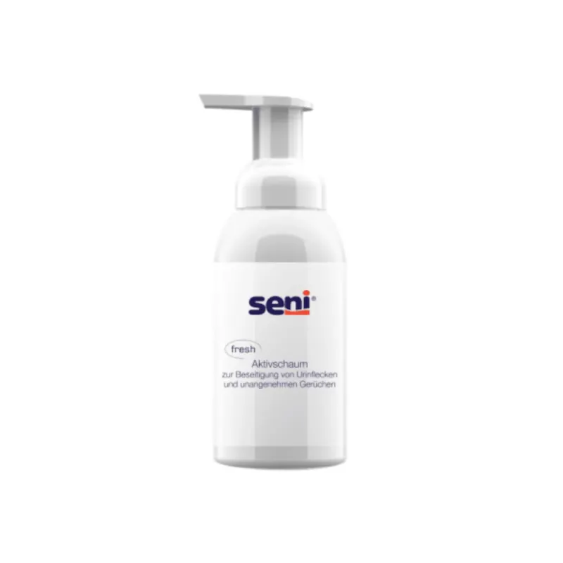 Der „Seni fresh Aktivschaum zur Entfernung von Urinflecken“ der TZMO Deutschland GmbH ist eine weiße Flasche mit Pumpspender zur Urinfleckenentfernung und Geruchsbeseitigung mit deutschen Beschreibungen, die seine Wirksamkeit hervorheben.