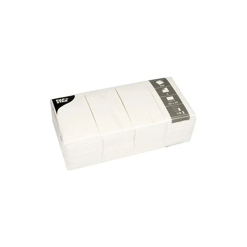 Eine Packung mit 250 weißen, 2-lagigen PAPSTAR Servietten (33x33 cm, 1/8-gefaltet) der PAPSTAR GmbH, verpackt in klarem Kunststoff mit einem grau-weißen Etikett oben rechts.