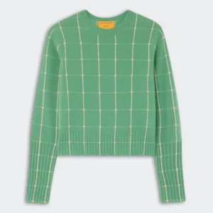 Shrunken Checker Crew - Highland/Sandstone cashmere sweater in green with a light checker pattern, featuring a ribbed crew neckline, cuffs, and hem.