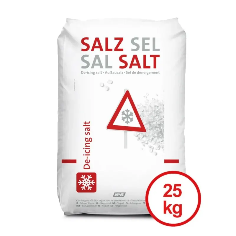 Ein 25 kg Sack Stein-Auftausalz der K+S AG, mehrsprachig beschriftet – „Salz“, „Sel“, „Sal“ und „Salt“ – mit einem roten Dreieck mit Schneeflockensymbol und dem Text „Auftausalz“ bzw. „Streusalz“. Dieses Produkt der K+S Minerals and Agriculture GmbH ist ideal für den Winterdienst.