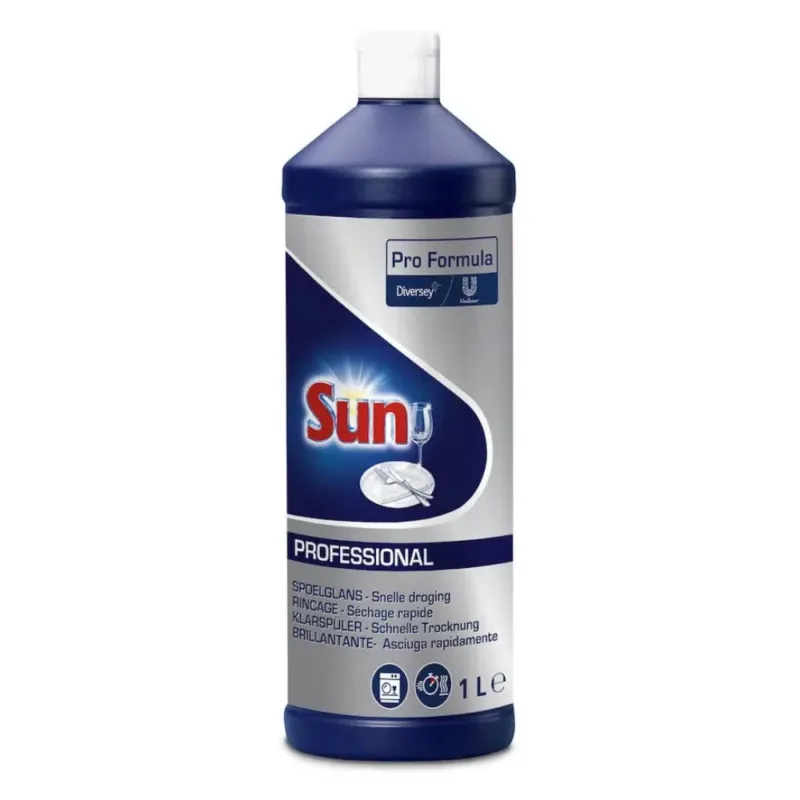 Eine 1-Liter-Flasche SUN Professional Klarspüler von Diversey Deutschland GmbH & Co. OHG ist ideal für Ihre Spülmaschine. Das blau-weiße Etikett zeigt ein Logo mit einem funkelnden Glas und betont die schnell trocknenden Klarspülereigenschaften für streifenfreies Geschirr, die speziell für den professionellen Einsatz entwickelt wurden.