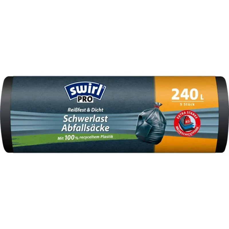 Eine Rolle Swirl Schwerlast-Säcke Profi mit Zugband (240l, 5 reißfeste Beutel) von Melitta Europa GmbH & Co. KG, hergestellt aus 100 % recyceltem Plastik, deutsche Kennzeichnung, mit gebundenem Beutelbild auf der Verpackung.