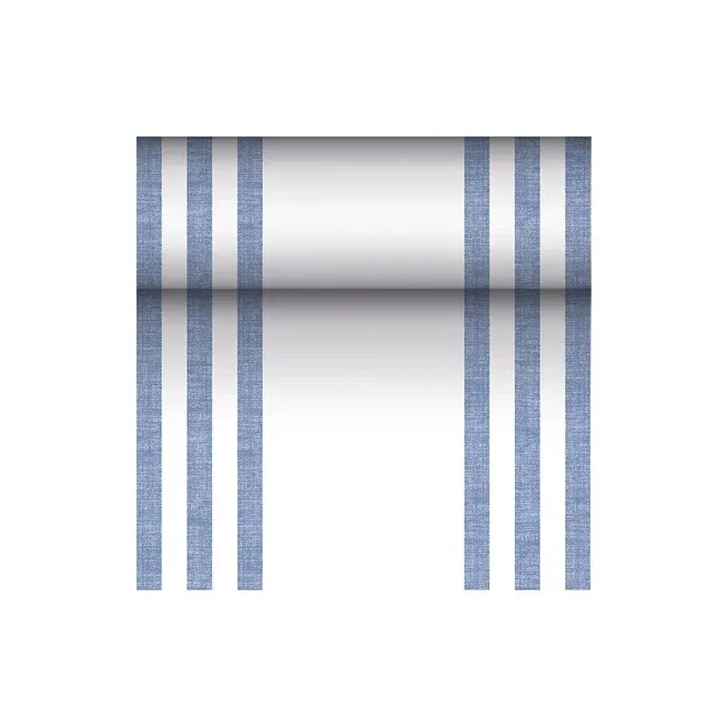 Als Teil der „ROYAL Collection“ der PAPSTAR GmbH zeigt dieses nahtlose Muster vertikale blaue Streifen auf weißem Hintergrund. Der PV-Tissue-Mix sorgt für Haltbarkeit bei gleichzeitiger Eleganz, mit gleichmäßig verteilten Streifen, die ein symmetrisches und ausgewogenes Erscheinungsbild erzeugen, wodurch es sich perfekt für jeden stoffähnlichen Tischläufer von PAPSTAR eignet.