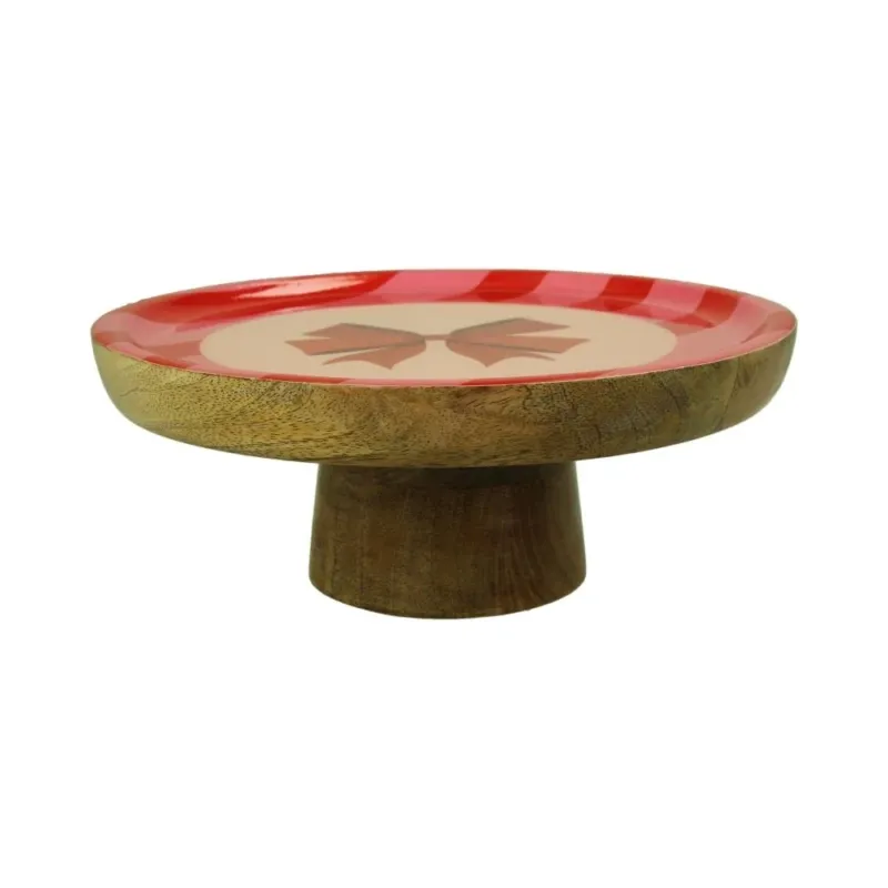 Kuchenständer aus Mango Holz, obere Seite glasiert und mit Motiv versehen, rosa und rot gestreift am Rand, Mittig beige mit großer roter Schleife in der Mitte, niedliches schickes Motiv