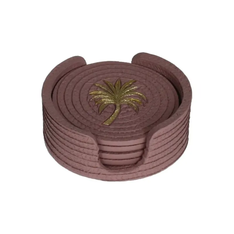 Sechs Untersetzer für Getränke aus Polyresin, Untersetzer im Set mit Halterung zum Lagern der Untersetzer, dunkle Rosa Farbe, mittig goldene Palme