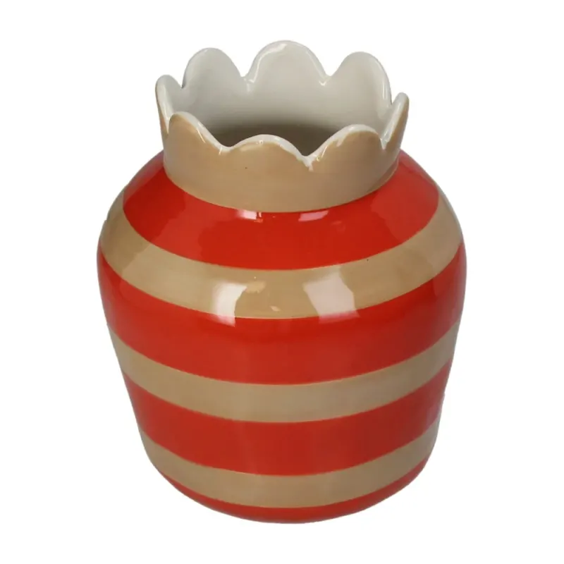 Ovale Deko Vase horizontal gestreift in rot und beige mit einer Blumenartigen öffnung