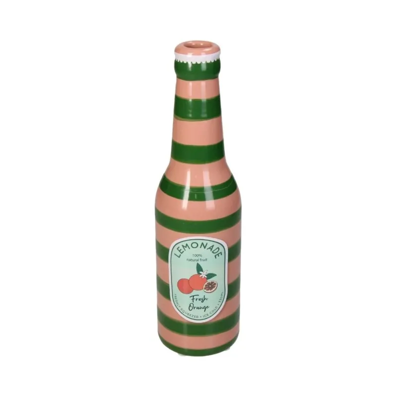 Vase in Form einer Flasche gestreift in pink und gruen mit einem Orangen Label