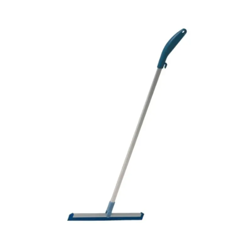 Der Vileda Professional Kehrwischer von Vileda GmbH präsentiert sich in einem eleganten blau-weißen Design mit langem Griff und Wischerlippe aus Gummi, ideal zum Reinigen von Oberflächen. Sein abgewinkelter Griff verfügt über ein praktisches Loch zum Aufhängen, während die Klinge horizontal an der Basis befestigt ist.