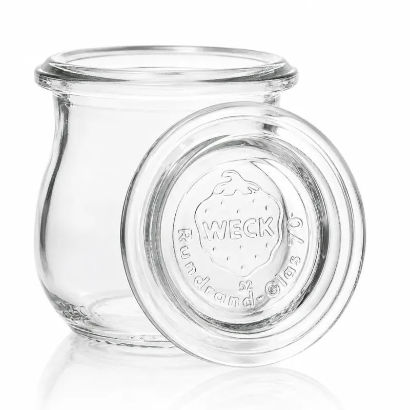 WECK-Mini-Tulpenglas 75 ml RR40 mit passendem Glasdeckel, klarer Materialwirkung und sichtbarer WECK-Prägung in freigestellter Produktansicht.