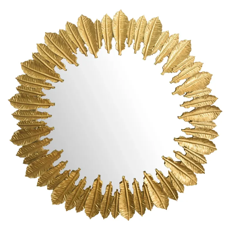 Wandspiegel Federn 68 cm Metall Design Hängespiegel Gold - Eisen Dekospiegel Rund - Spiegel Wand Groß - Flurspiegel Garderobenspiegel Modern_#sku_SAFWL7.121#