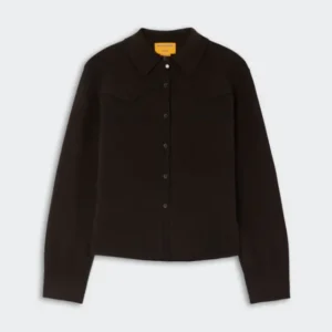 Cropped Western Shirt - Burnt Cocoa in deep brown with button-down front, pointed collar, long sleeves, and subtle stitched detailing across the chest.